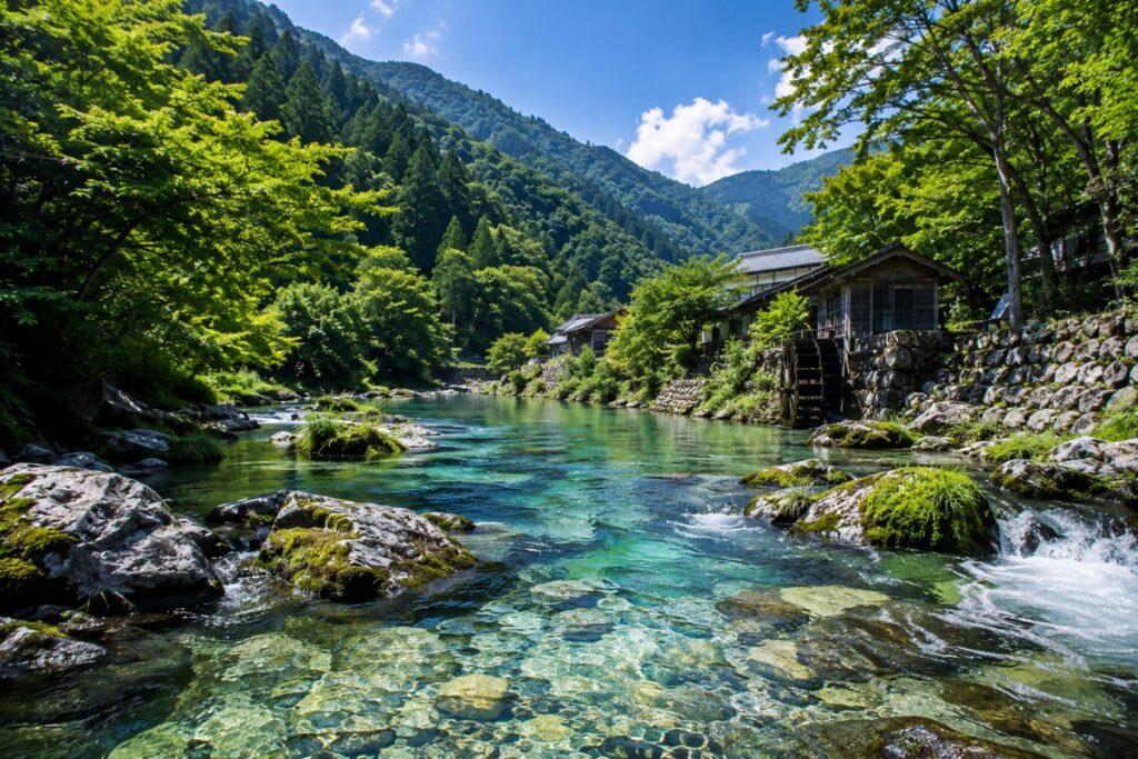 美濃和紙の産地・岐阜県美濃地方の清流と山あいの風景(イメージ)