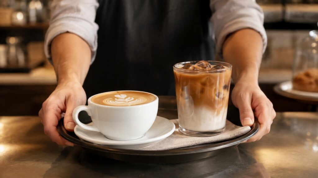 カフェのカウンター越しにトレーでドリンクを提供するスタッフの手元(イメージ)