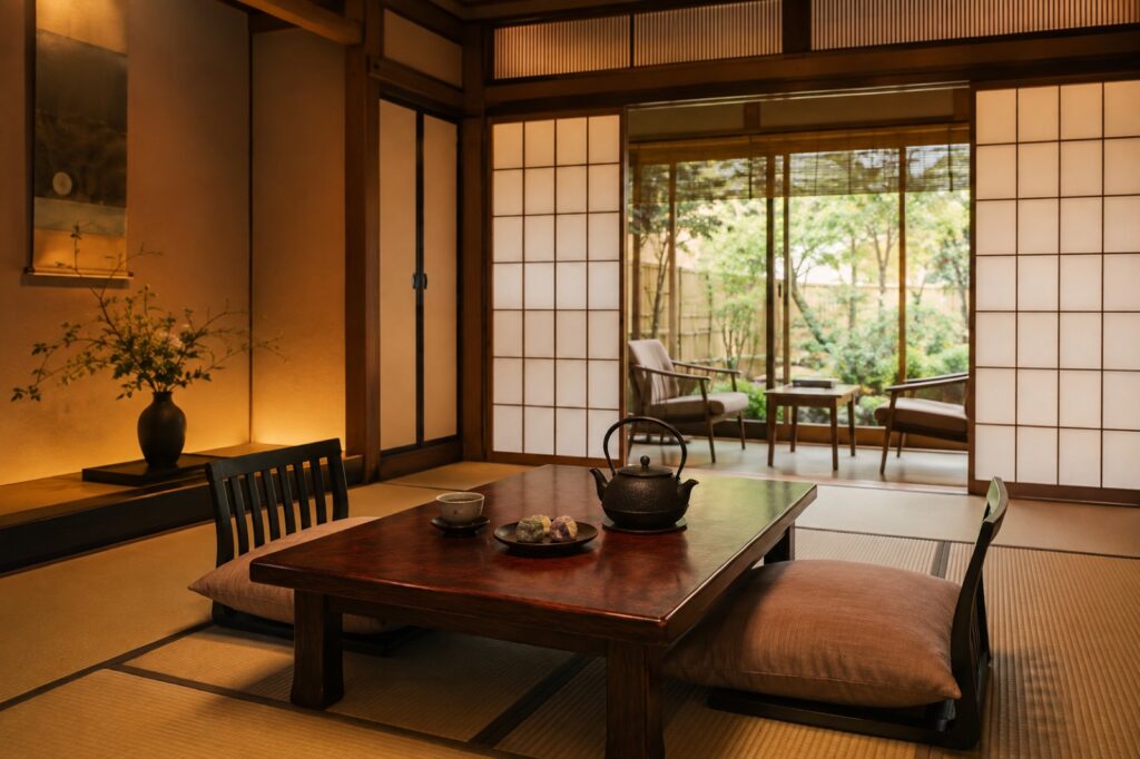 旅館の客室。座卓にお茶と和菓子が用意されたおもてなしの空間(イメージ)